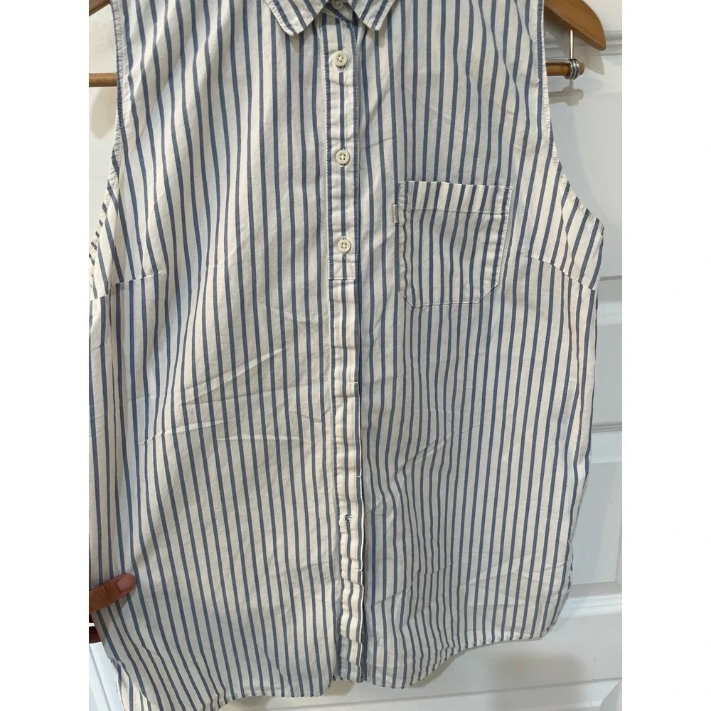 Levis Womens Blue White Striped Sleeveless Button Down Shirt Large